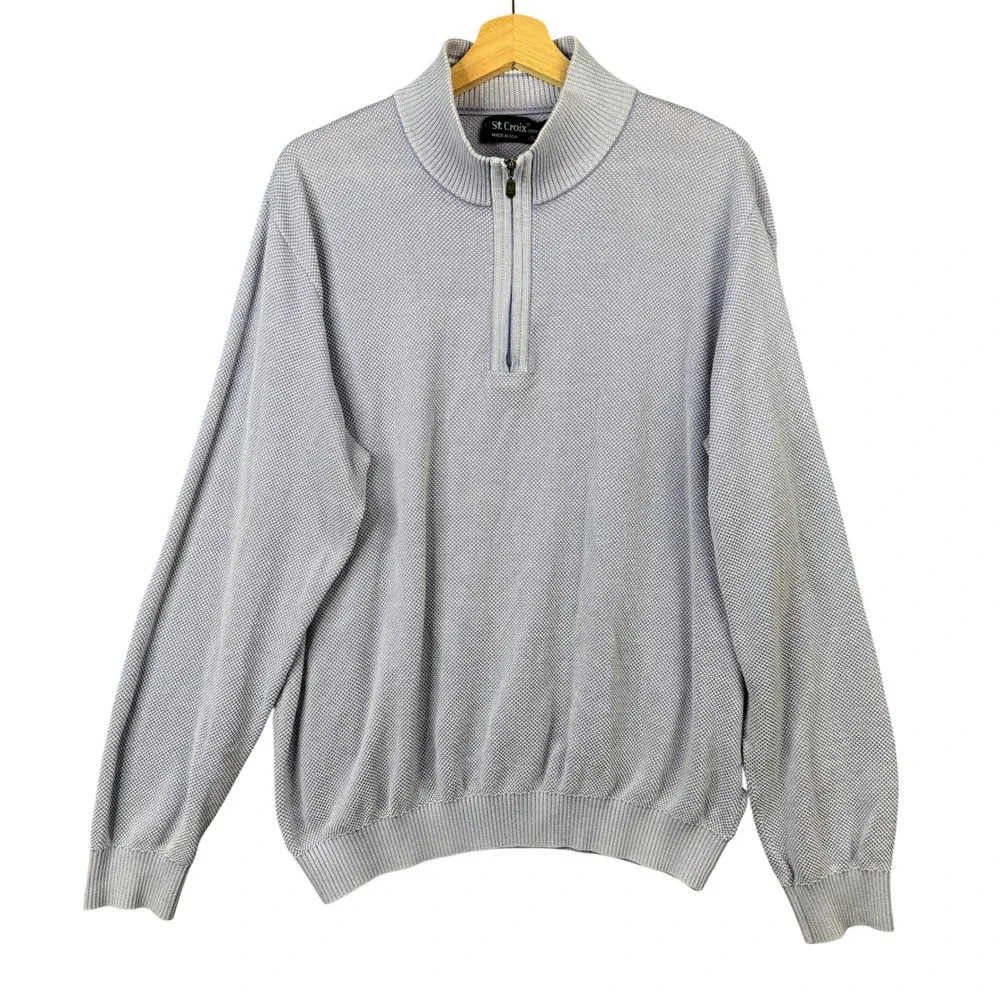 St. Croix Shop Mens XL Quarter Zip Pullover Sweater Blue Cotton Blend Mock Neck